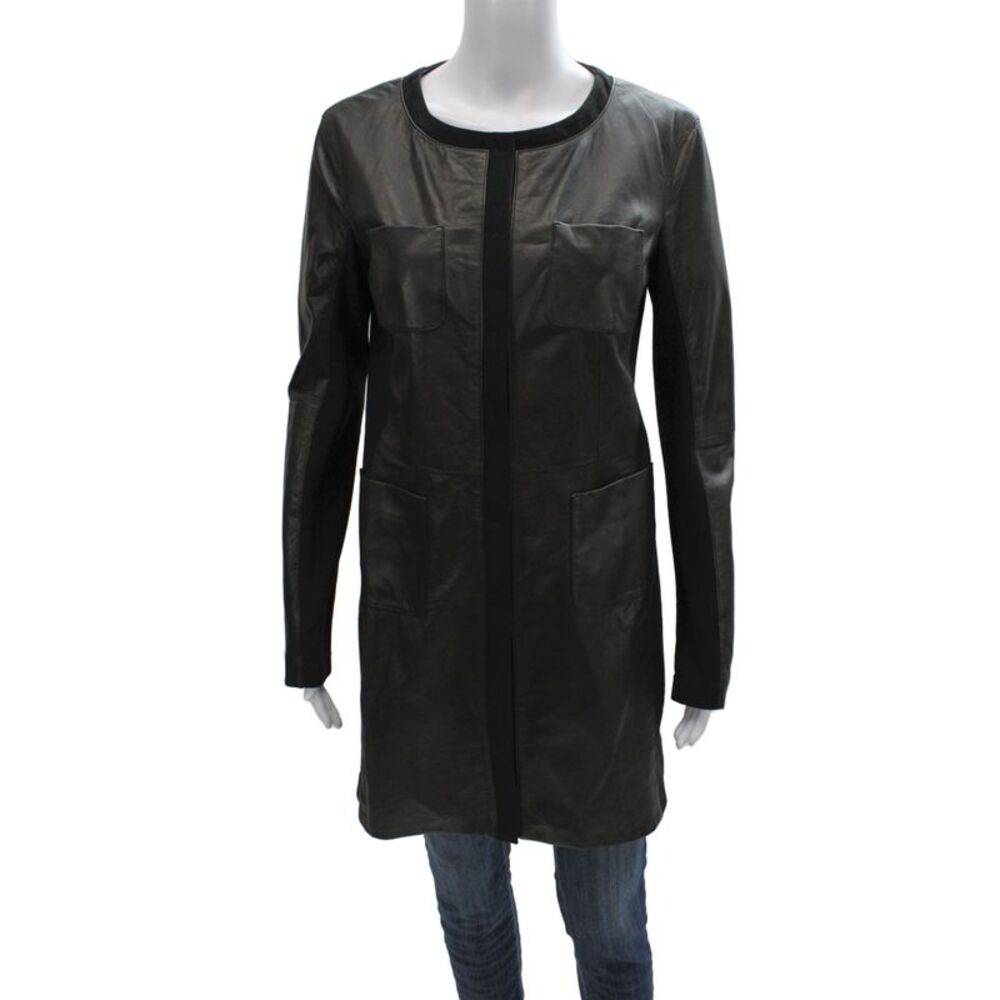 Gimos Women Basic Leather Jacket Black Snap Long Sleeve Minimalist Size S